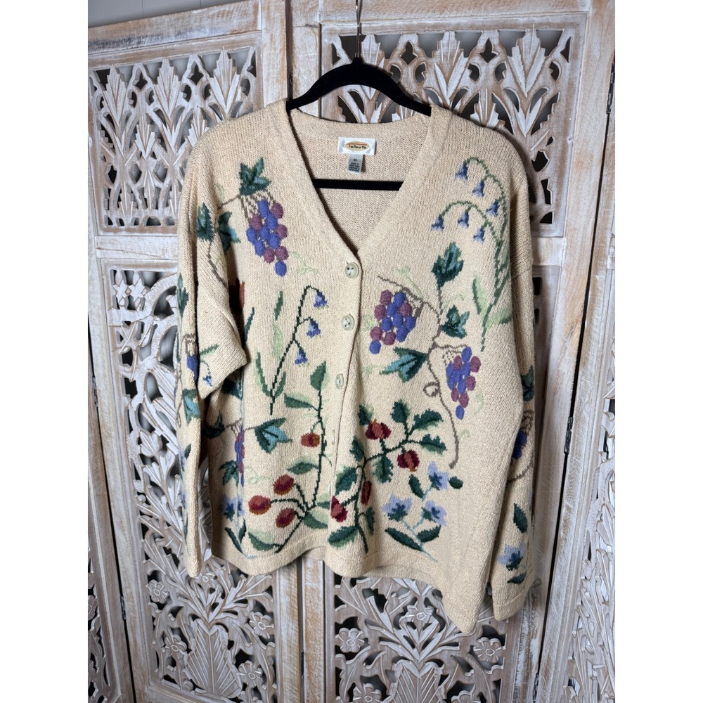 Talbots Vintage Floral Grape Intarsia Knit Cardigan Sweater Cream XL